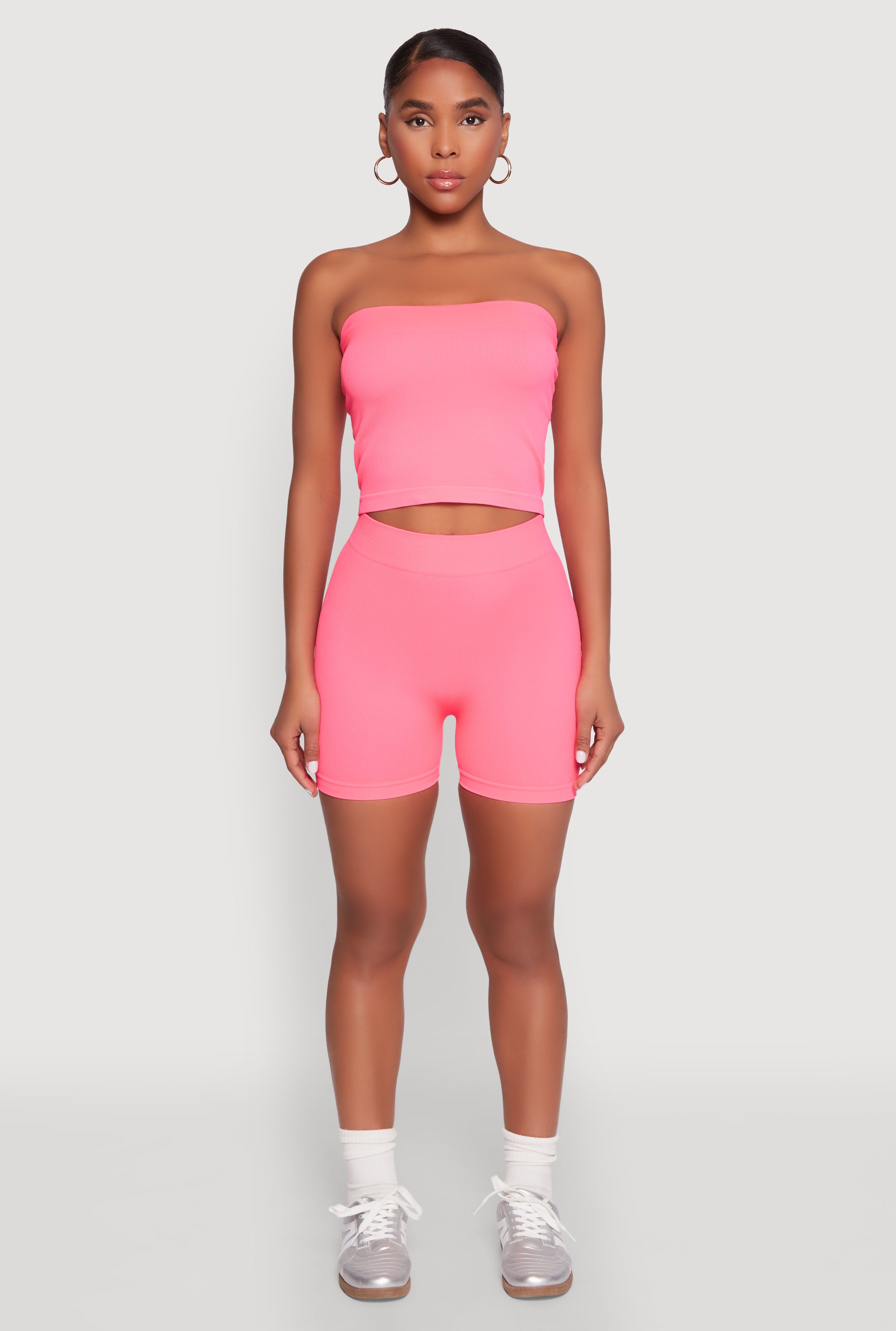 Womens Compression Rib Seamless Tube Top and Shorts